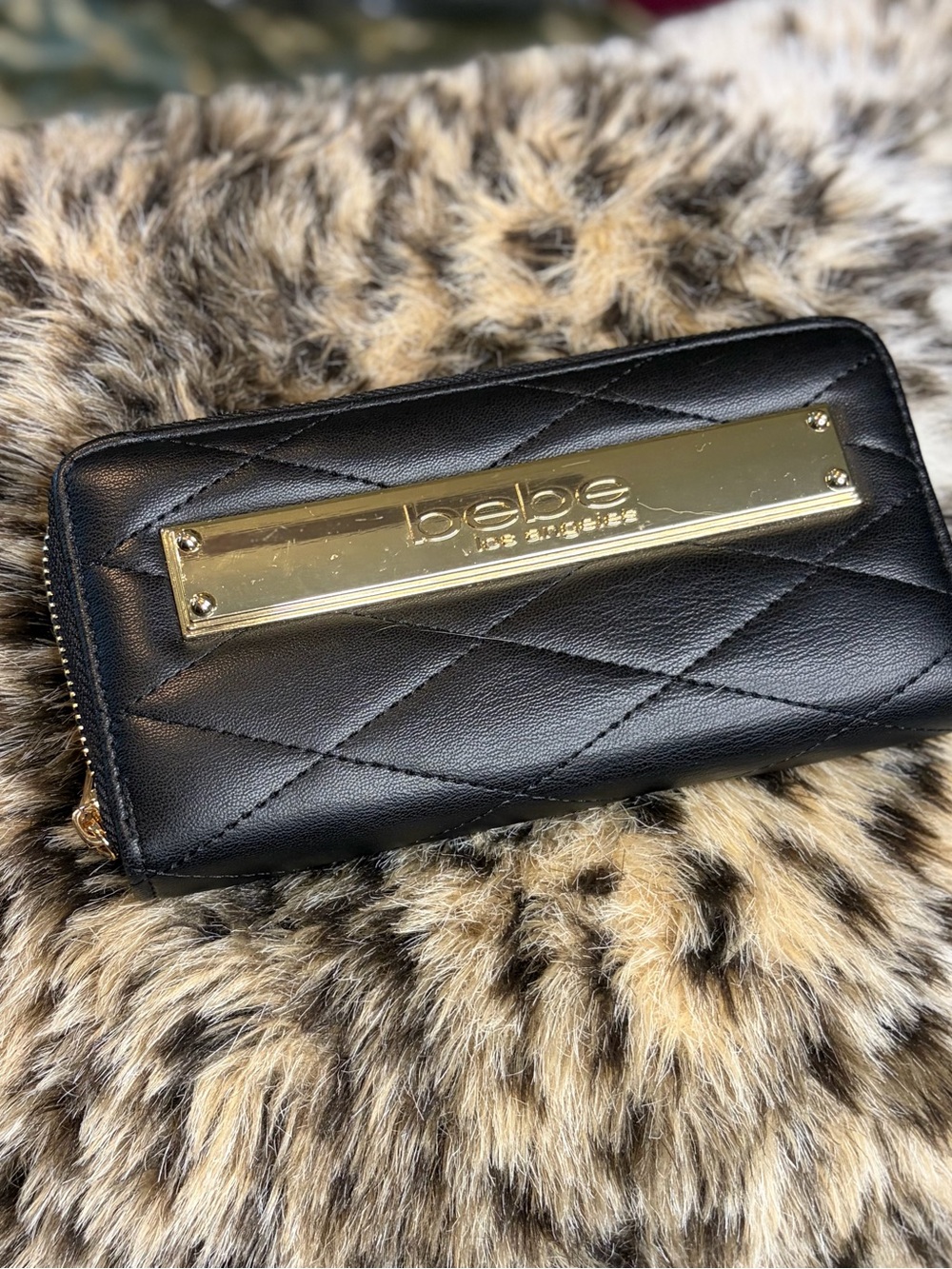 bebe Black Quilted Zip Wallet with Gold Logo Plaque #1329